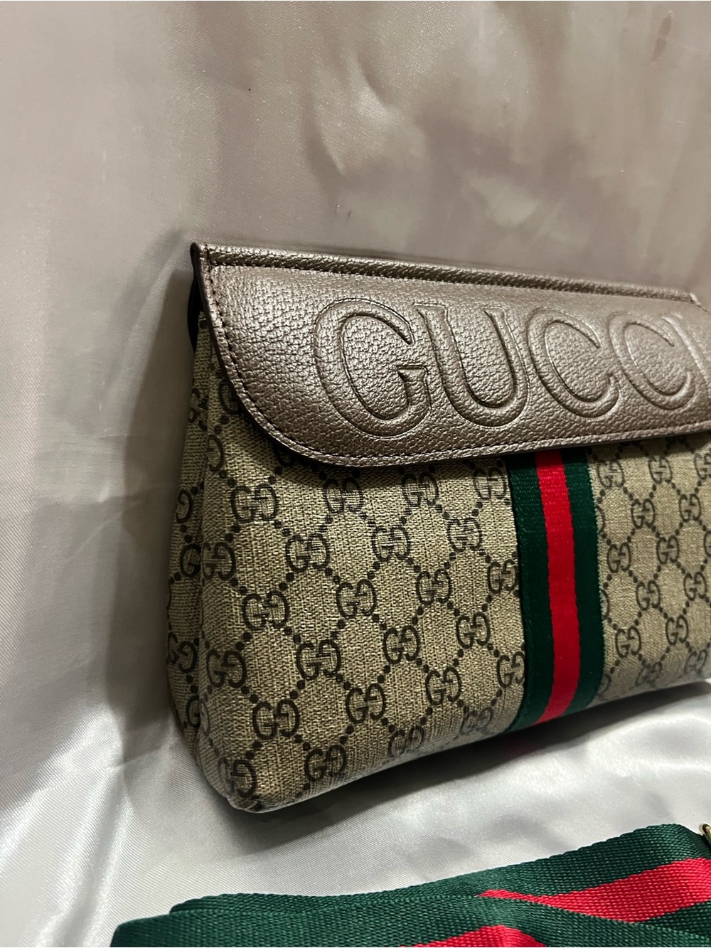 GG Monogram Shoulder Bag with Metallic Taupe Flap and Green-Red Web